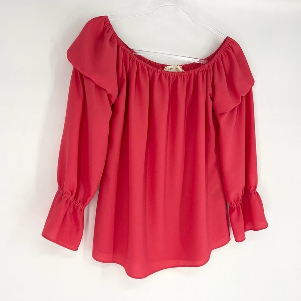 Nicole Miller Artelier Ruffle Sleeve Off the Shoulder‎ Blouse Coral M - Picture 3 of 10